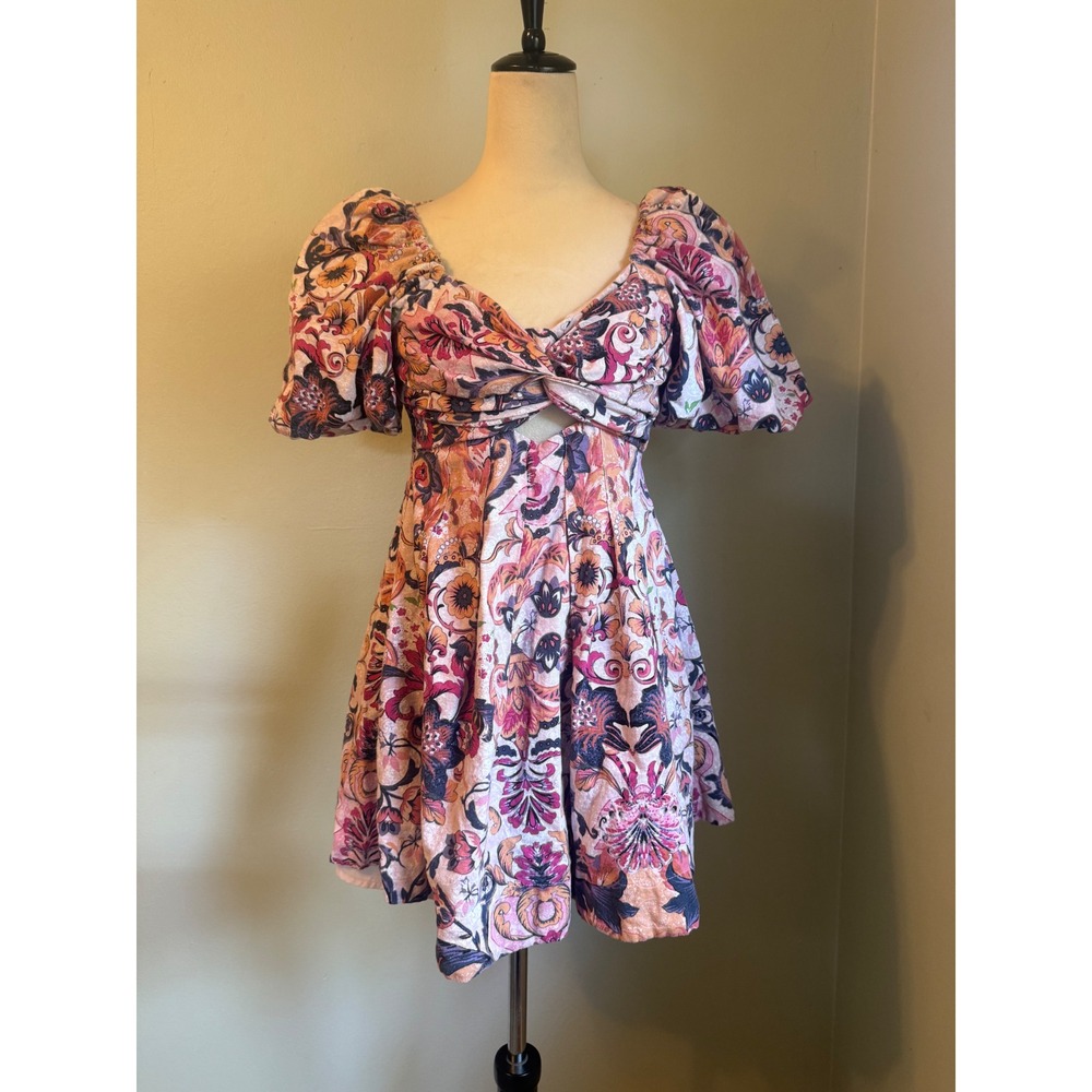 House Harlow Floral Paisley Puff resort   MiniDress Pink Orange 4 bohoY2K dainty
